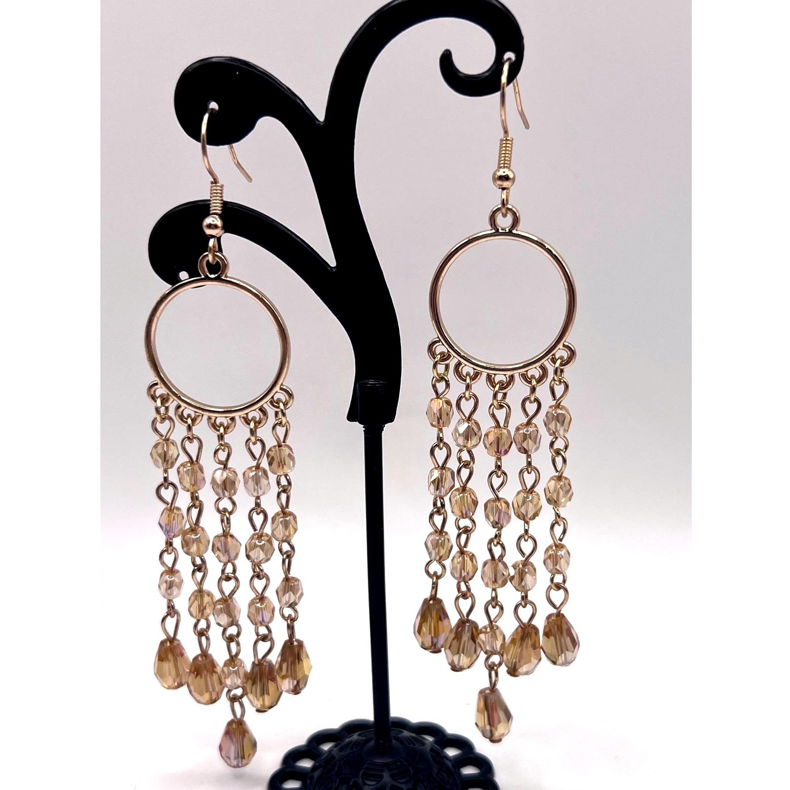 Gold Tone Chandelier Earrings Ab Crystal Look Dangle 3" New